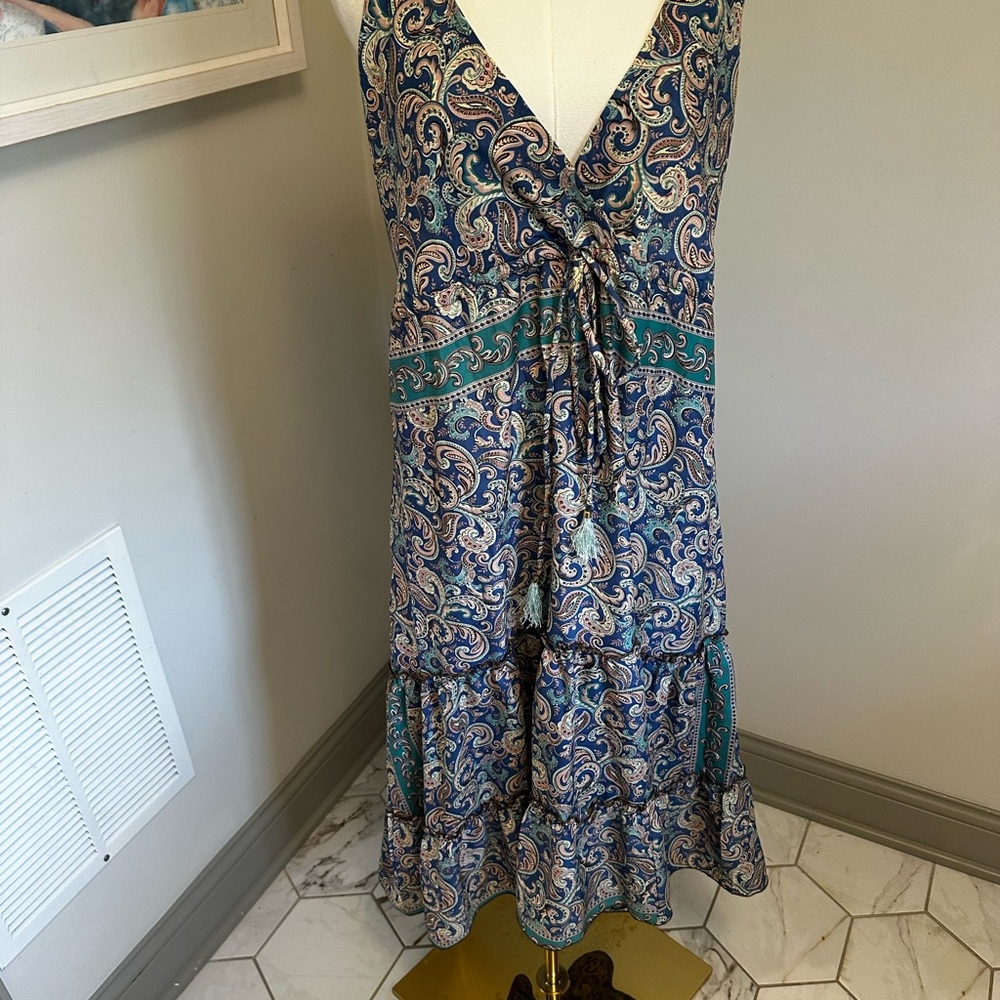 Paisley Tiered V-Neck Maxi Dress in Blue and Teal